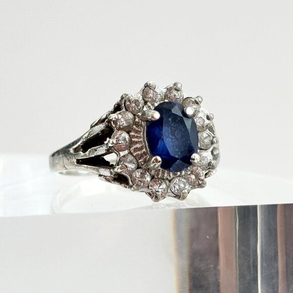 Sterling Blue Sapphire & Cubic Zirconia Halo Vintage Cocktail Ring - sz 8.75 - Picture 1 of 10